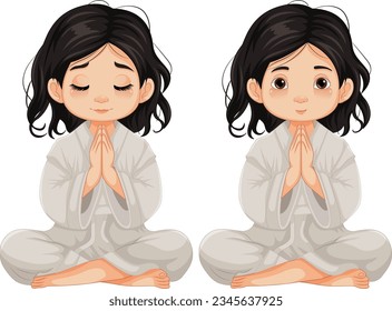 A vector cartoon illustration of a girl sitting and meditating with her eyes both open and closed