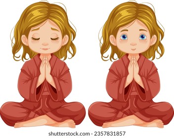 A vector cartoon illustration of a girl sitting and praying with her eyes both open and closed