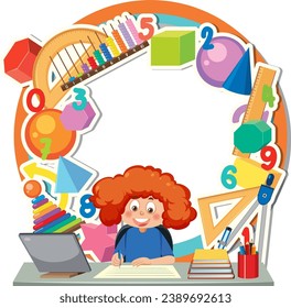 A vector cartoon illustration of a girl studying math with various learning tools on a circle banner