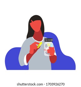 Vector cartoon illustration of a girl taking pills. Medication concept art. Antidepressants, painkillers prescription. Vitamins and food supplements, daily routine, lifestyle.