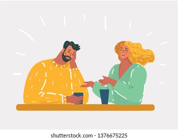 Vector cartoon illustration of girl talking small talk chatter with man, who bored. Unhappy couple or uninteresting story talking by coworker.