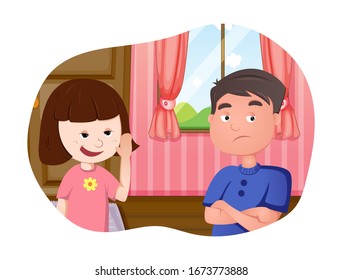 Vector cartoon illustration of girl talking with boy. Isolated on white background.
