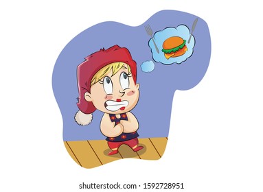 Vector cartoon illustration of girl is thinking about food. Isolated on white background.