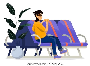 Vector cartoon illustration of girl vegan sitting on a chair and peels an orange in an airport priority pass on a white isolated background.