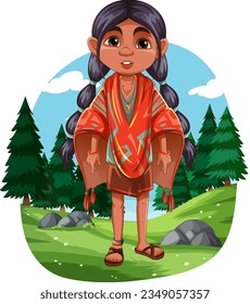 A vector cartoon illustration of a girl wearing a traditional indigenous outfit in a natural setting