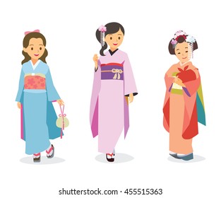 Vector cartoon illustration girls in Japanese traditional costume Kimono.