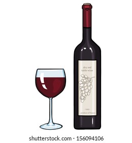 vector cartoon illustration: glass and bottle of red wine