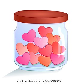 Vector cartoon illustration of a glass jar filled with red and pink hearts