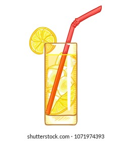 Vector Cartoon Illustration - Glass of Lemonade with Lemon Slice, Ice and Drinking Straw