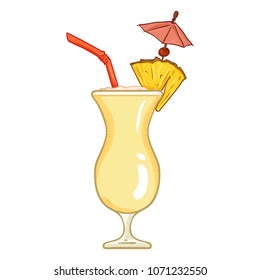 Vector Cartoon Illustration - Glass of Pina Colada with Drinking Straw, Cocktail Umbrella and Pineapple