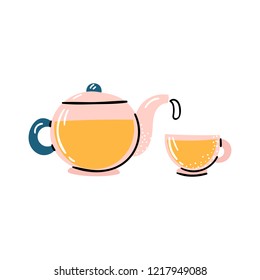 Vector cartoon illustration with glass teapot and cup with herbal tea. Tea ceremony objects. Vector japanese teatime icon isolated on white background