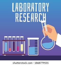 Ilustración de dibujos animados vectores con tubos de ensayo de vidrio, vasos y un matraz de líquido en la mano humana. Equipo en laboratorio médico o químico para experimentos o investigaciones