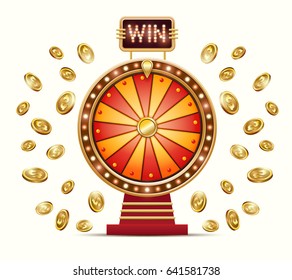 Vector cartoon illustration of a glowing wheel fortune or luck and gold coins scattered in different directions, isolated on a light background