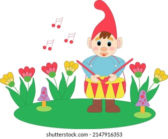 Vector cartoon illustration. The gnome plays the drum.