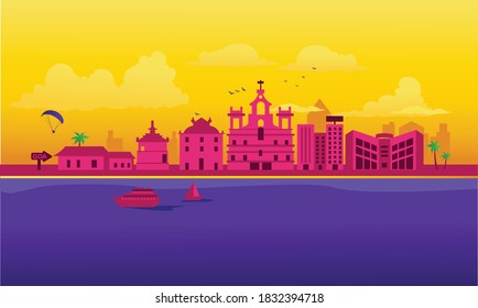 Vector cartoon illustration of Goa skyline. Isolated on colored background.