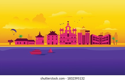 Vector cartoon illustration of Goa skyline. Isolated on colored background.