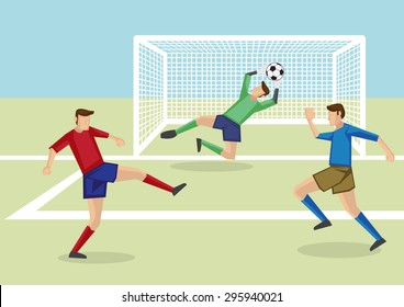 Vector cartoon illustration of goalkeeper leaping to catch soccer ball in hand together with two soccer players from opposite teams in soccer field.