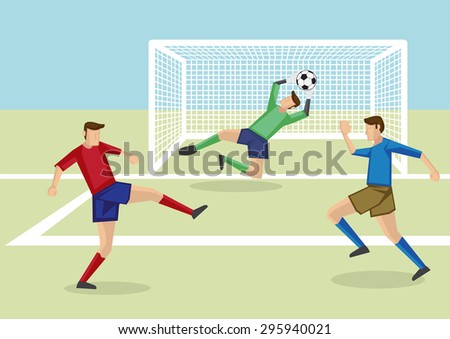 Vector cartoon illustration of goalkeeper leaping to catch soccer ball in hand together with two soccer players from opposite teams in soccer field.
