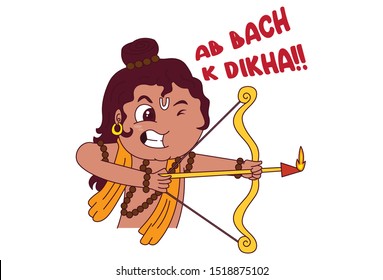 Vector cartoon illustration of god rama with bow and arrow. Ab bach k dikha Hindi text translation - now save with this. Isolated on white background. 