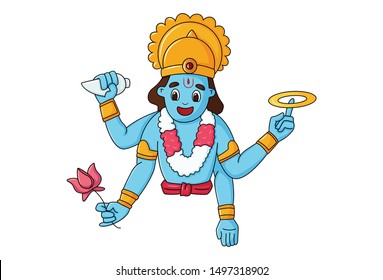 Vector cartoon illustration of God Vishnu. Isolated on white background.