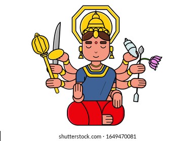 Vector cartoon illustration of Goddess durga. Isolated on white background.