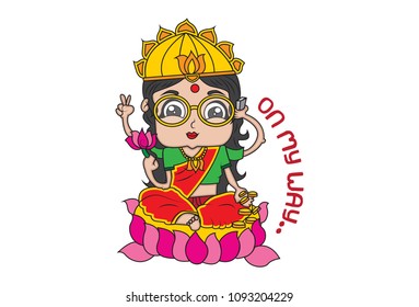 Vector Cartoon Illustration Of Goddess Laxmi With Glasses . Isolated On White Background. 