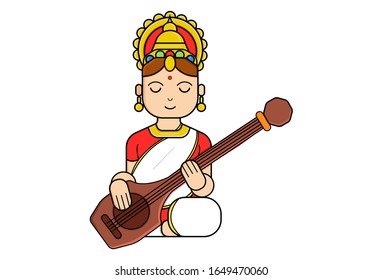 Vector cartoon illustration of Goddess Saraswati. Isolated on white background.