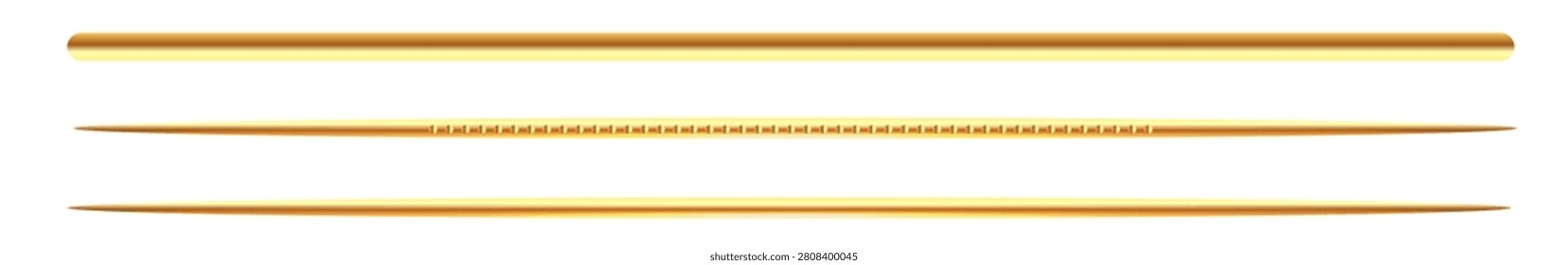 Vector cartoon illustration of a gold Christmas dividers set isolated on transparent background. This premium collection features three different horizontal design elements: a thick cylindrical metallic golden bar with rounded ends, a tapered line with a segmented dotted pattern in the middle, and a sleek sharp needle-like thin line. Each border ruler is crafted with luxury 3D gradients, realistic metallic textures, and shiny polished gloss. Ideal design asset for certificate layouts, wedding invitations, high-end product packaging, and text separators.