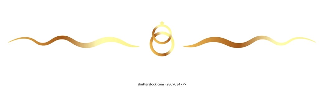 Vector cartoon illustration of a gold wedding divider isolated on transparent background. This horizontal design asset features an elegant symmetrical vignette ornament with two intertwined marriage rings in the center and smooth curved side ribbons. The premium graphic element is decorated with glossy metallic golden gradients and realistic reflections. Perfect luxury text separator, retro document border frame, page layout break template, and fancy decoration for wedding invitations, anniversary cards, or bridal banners.