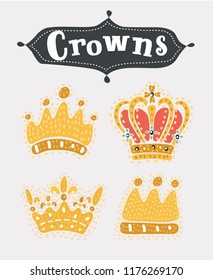 Vector cartoon illustration of Golden crown symbols hand drawn icons set. Gold crowns on white background. Funny hand drawn object on white background.