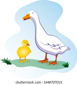 Vector cartoon illustration of a goose with a duckling. Cute characters in flat colorful illustration.