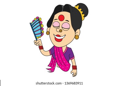  Vector cartoon illustration of Gossip lady holding hand fan. Isolated on white background.