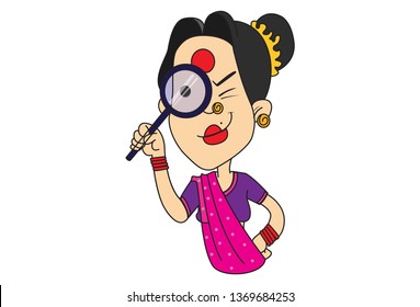 Vector cartoon illustration of Gossip lady holding magnify glass in hand. Isolated on white background.