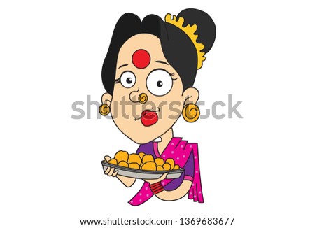  Vector cartoon illustration of Gossip lady with sweets. Isolated on white background.