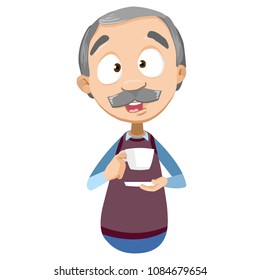 Vector cartoon illustration of grandfather character holding a cup of tea. Vector illustration in cartoon flat style, isolated on a white background.
