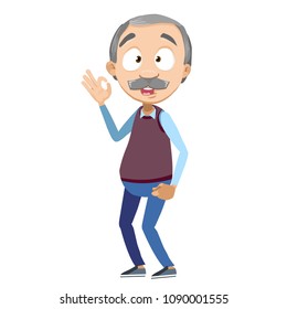 Vector cartoon illustration of grandfather character showing a gesture Okay. Vector illustration in cartoon flat style, isolated on a white background
