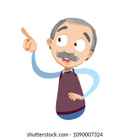 Vector cartoon illustration of grandfather character point to something. Vector illustration in cartoon flat style, isolated on a white background.