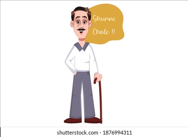 Vector cartoon illustration of grandfather holding a walking stick. Ghumne chale Hindi text translation - let go for walk. Isolated on white background.