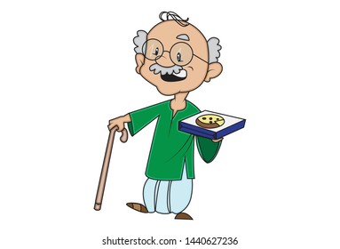 Vector cartoon illustration of the grandfather with the pizza box. Isolated on white background.