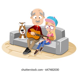 Vector cartoon illustration of grandfather teaching playing guitar his granddaughter. Sitting on the couch with the dog. Isolated on white background