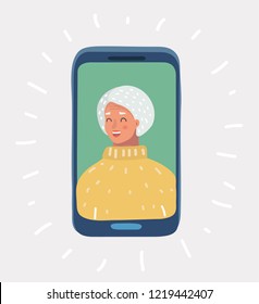 Vector cartoon illustration of Grandma on the phone. Elderly woman Face Smartphone on white bakcground.