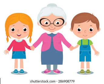 Vector cartoon illustration of a grandmother and grandchildren boy and girl isolated on white background/Grandmother and grandchildren, a boy and girl isolated on white background/Vector illustration