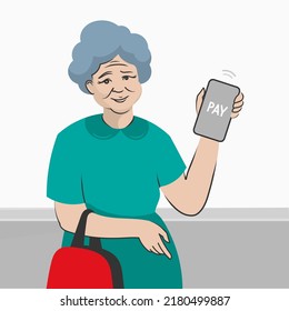 Vector cartoon illustration. Grandmother shopping is paying online. Grandma with phone.