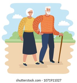 Vector cartoon illustration of Grandpa with walking cane and senior woman in city park vector illustration. Old couple spend time together, national grandparents day.