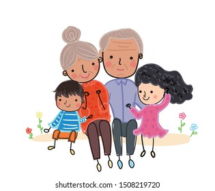 Vector cartoon illustration of a grandparent and grandchildren boy and girl isolated on white background/grandparent and grandchildren,