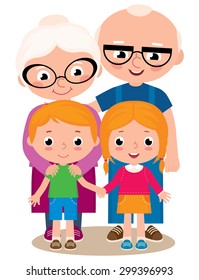Vector cartoon illustration of grandparents with their grandchildren boy and girl isolated on white background/Vector illustration of grandparents and their grandchildren/Stock Vector illustration