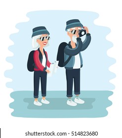 Vector cartoon illustration of grandparents tourists.Elderly couple with camera take pictures