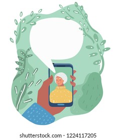 Vector cartoon illustration of Granny Talking on Phone. Message bubble above. Human hand hold smartphone.