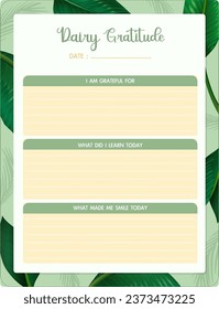 A vector cartoon illustration of a gratitude diary surrounded by green leaves