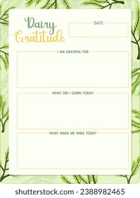 A vector cartoon illustration of a gratitude diary template with a green background and tree leaves